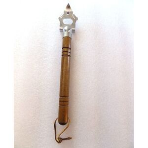 Vintage Can Opener Tool with Wood Handle & Leather Hanging Cord 1960s 1970s